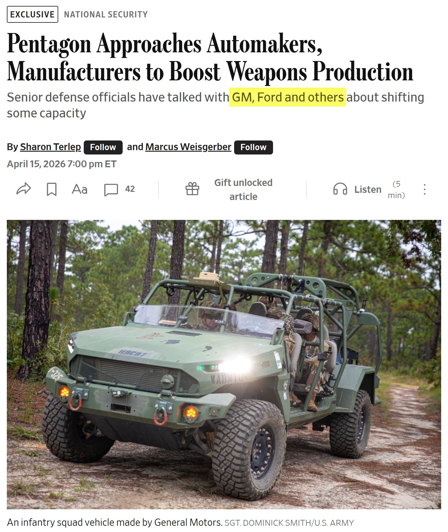 五角大廈找上福特與通用汽車，探詢武器生產可能性。圖為通用汽車製造的步兵班車。