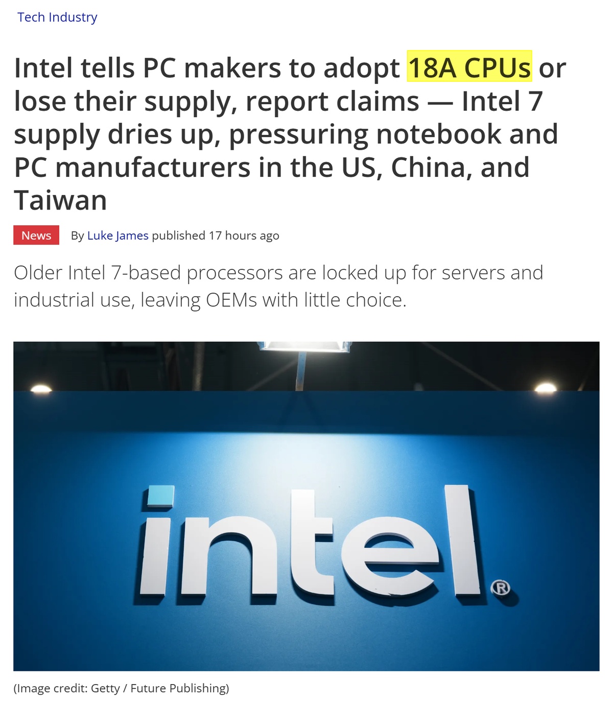 Tom's Hardware 報導：Intel 要求 PC 廠商改採 18A CPU，否則 Intel 7 舊製程供應緊縮，美中台筆電與 PC 製造商被迫跟進。