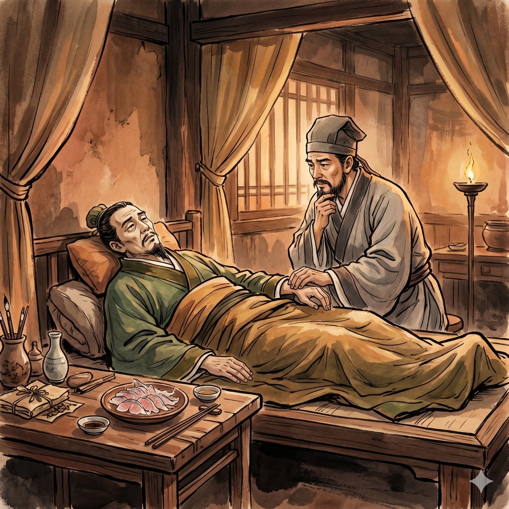 水墨插圖：三國名醫華佗坐在病榻邊為臥病的陳登把脈，床前矮桌上擺著一盤生魚片。