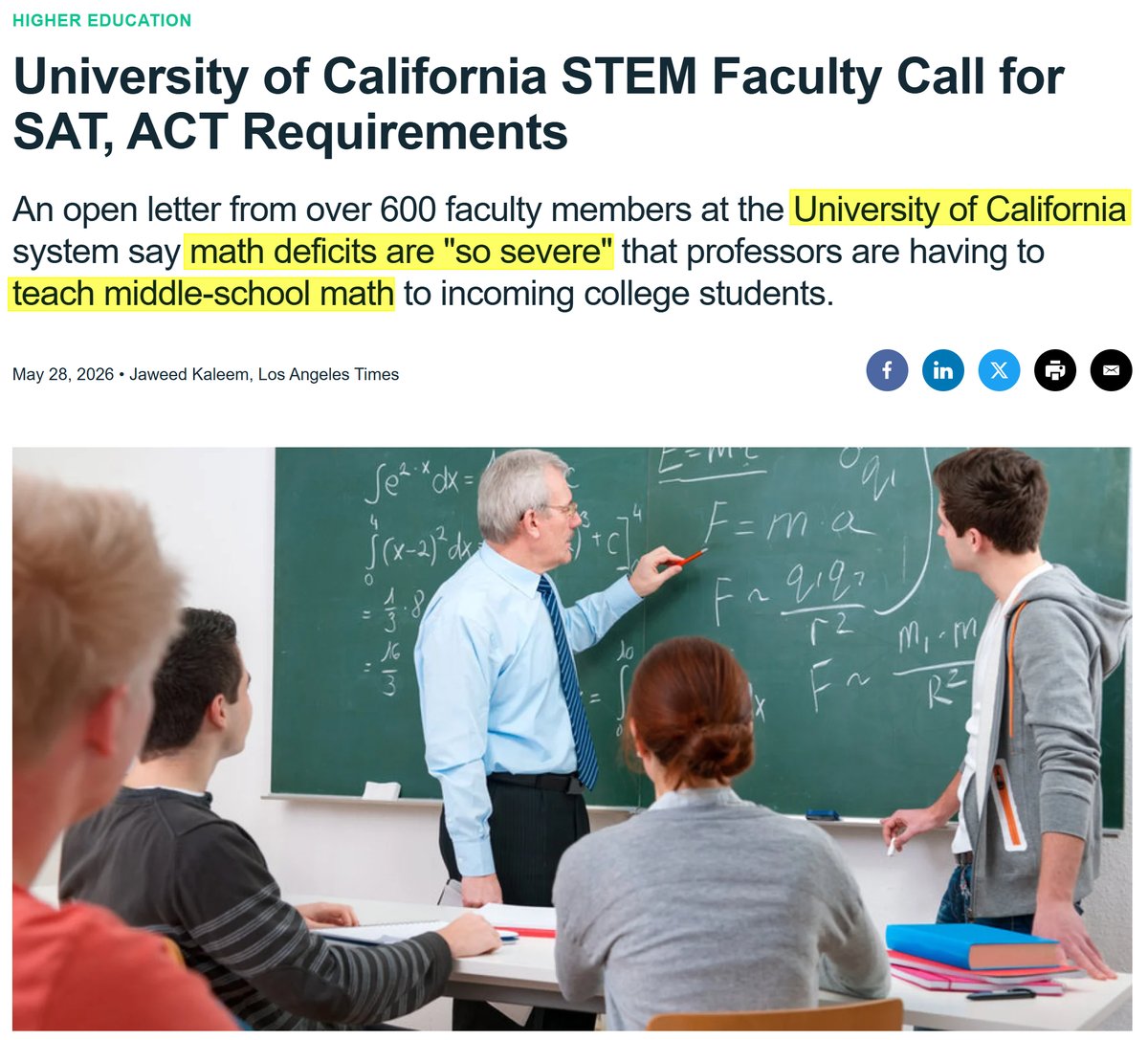 GovTech 報導截圖：University of California STEM Faculty Call for SAT, ACT Requirements，教授在黑板前教學。