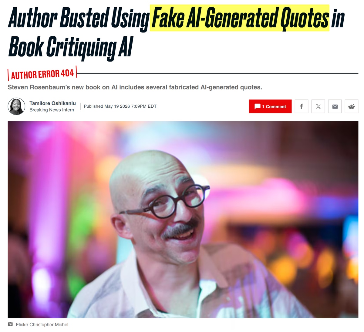 The Daily Beast 報導截圖：Steve Rosenbaum，《The Future of Truth》作者，書中被發現含多個 AI 幻覺生成的捏造引用。
