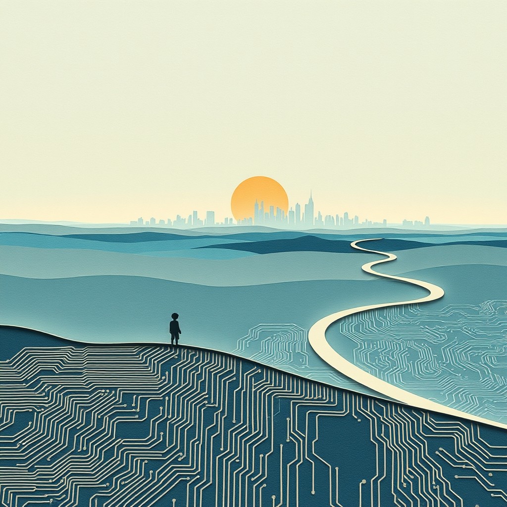 剪紙風格插畫：一個渺小的孩子站在電路紋理織成的大地邊緣，一條蜿蜒的路通向地平線上的城市與暖陽，象徵 AI 已成為不可迴避的未來地景。