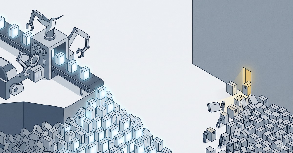 AI 生成等距插畫：左側一台機器與輸送帶輕鬆量產出無數發光的軟體盒、堆積成山（好做、近乎免費），右側只有一道狹窄的暖金色市場閘口，大量盒子擠著想進去、卻只有極少數通過，象徵軟體好做、難賣的反差