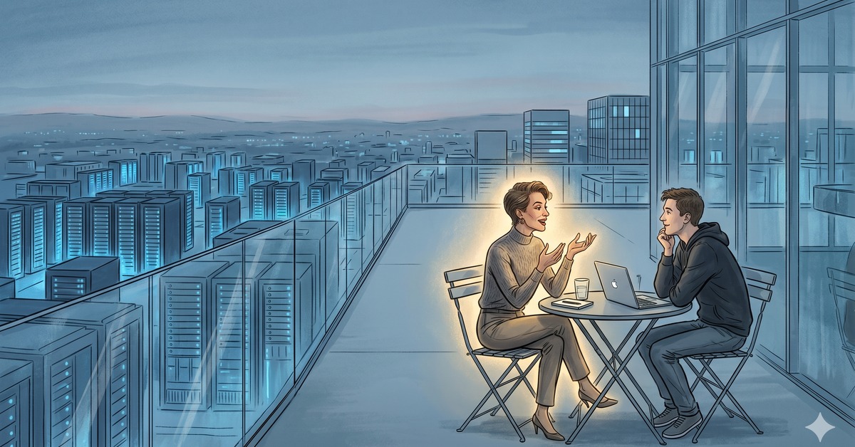 AI 生成插畫：冷藍色的矽谷資料中心天際線上方，一座玻璃高樓的露臺上，一位散發溫暖金色光芒的真人正與一名擱下筆電、入神傾聽的科技工作者熱絡交談，象徵 AI 淘金潮中最昂貴的奢侈品是真人的對話陪伴