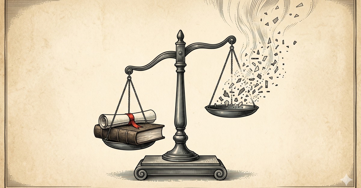 AI 生成蝕刻版畫插畫：一座古典正義天秤，左盤放著紮實的法典與綁紅帶的卷軸、沉沉下墜，右盤是一團正在向上崩解、蒸發消散的抽象碎片，象徵法院要求紮實證據、不接受 AI 憑空捏造