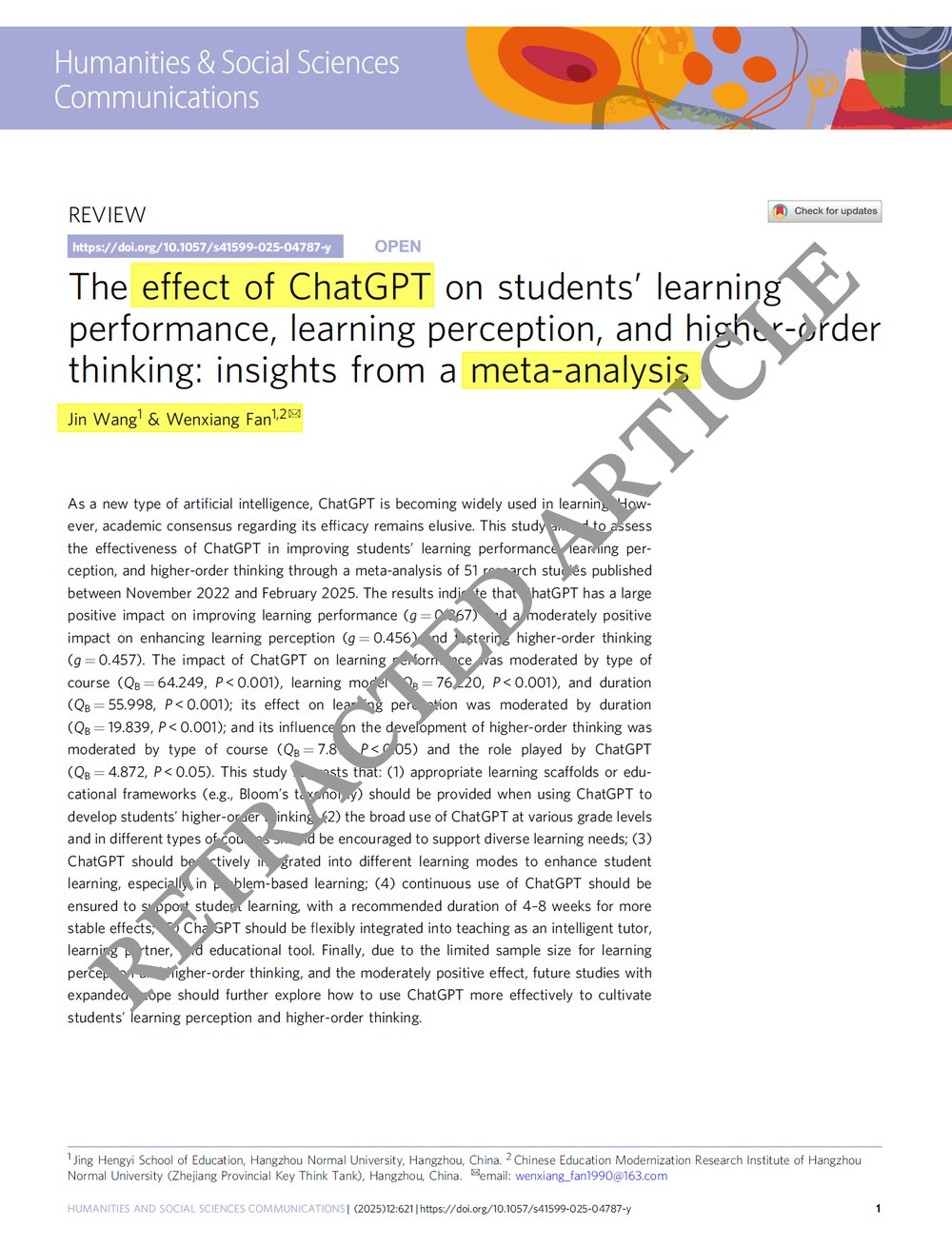 一篇關於 ChatGPT 對學生學習成效影響的統合分析論文截圖，右側蓋著 RETRACTED 的撤稿浮水印。