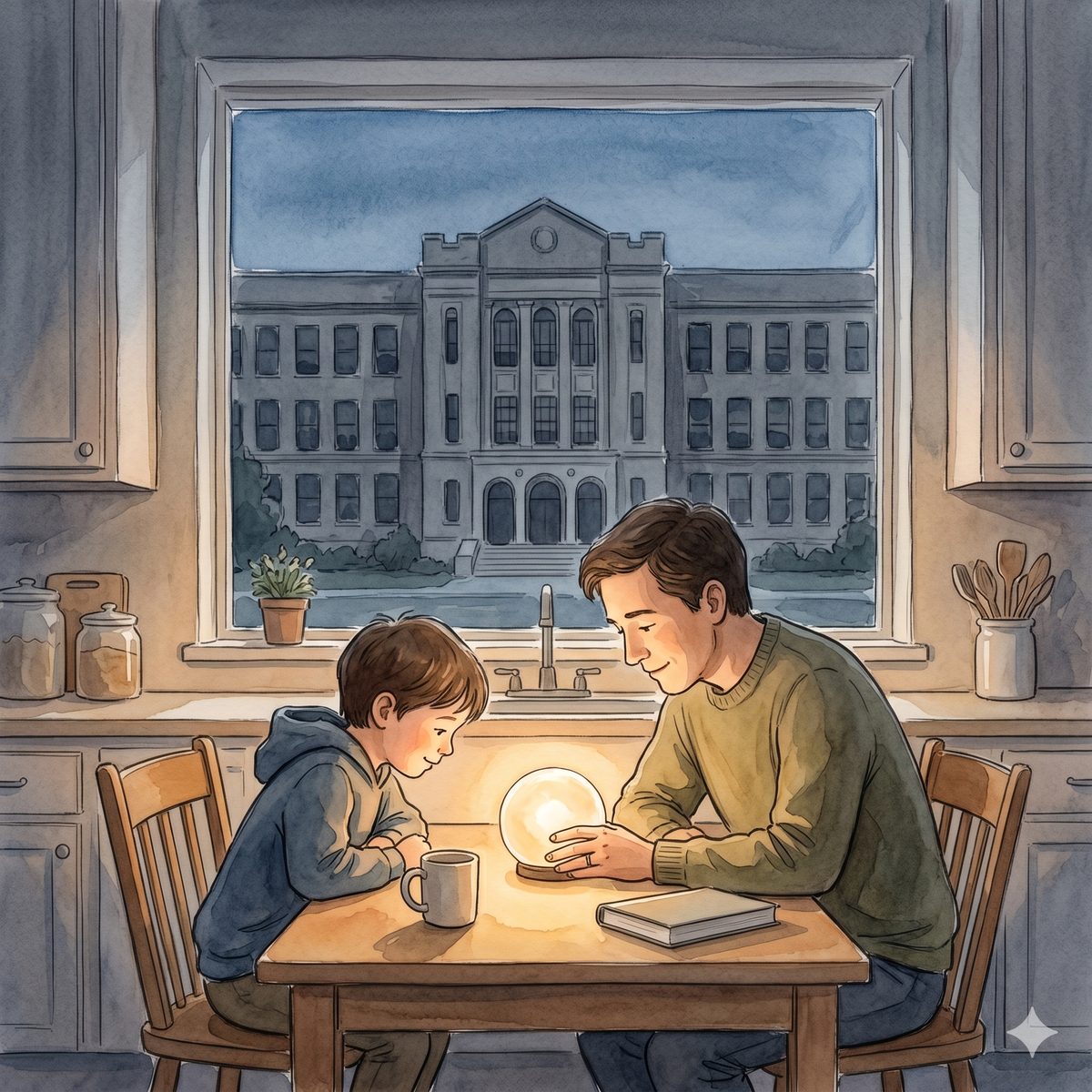 AI 生成水彩插畫：暮色中，一對親子在廚房餐桌前共讀，桌上一顆溫暖發光的光球象徵在家一起學 AI；窗外是一棟燈光黯淡、暫停運作的灰色校舍