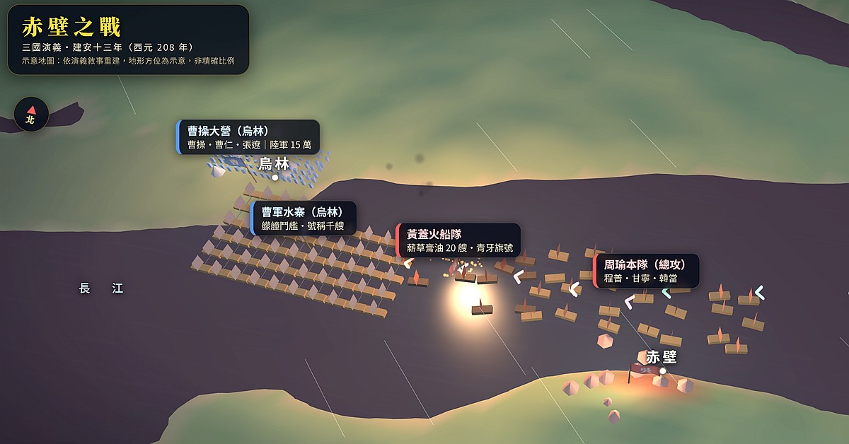 赤壁之戰 3D 時序網站截圖，黑色背景的三維地形圖，標示曹操大軍、周瑜孫劉聯軍、曹操水軍等各方兵力位置。