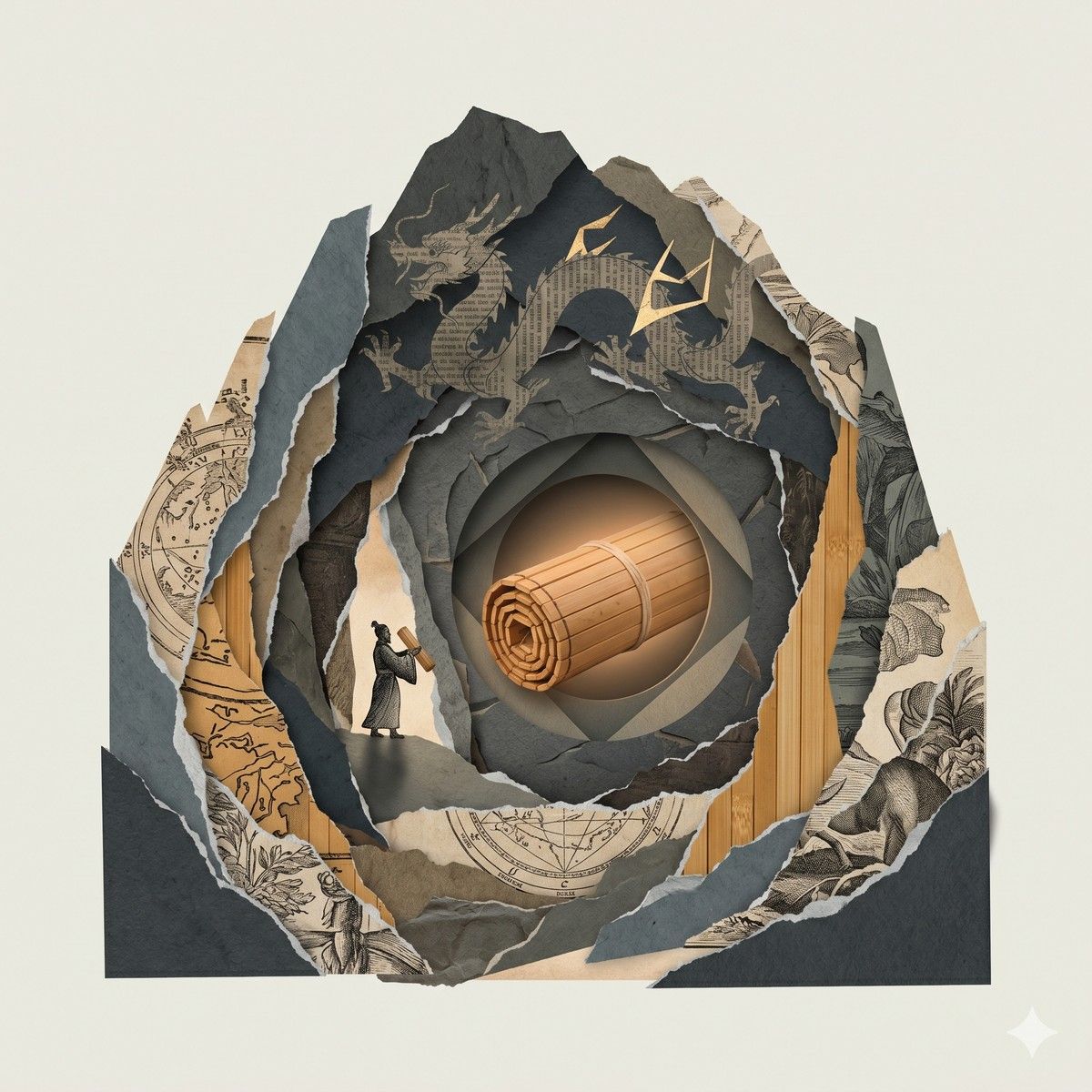 拼貼風格插畫：山中藏卷，象徵史記藏之名山的典故