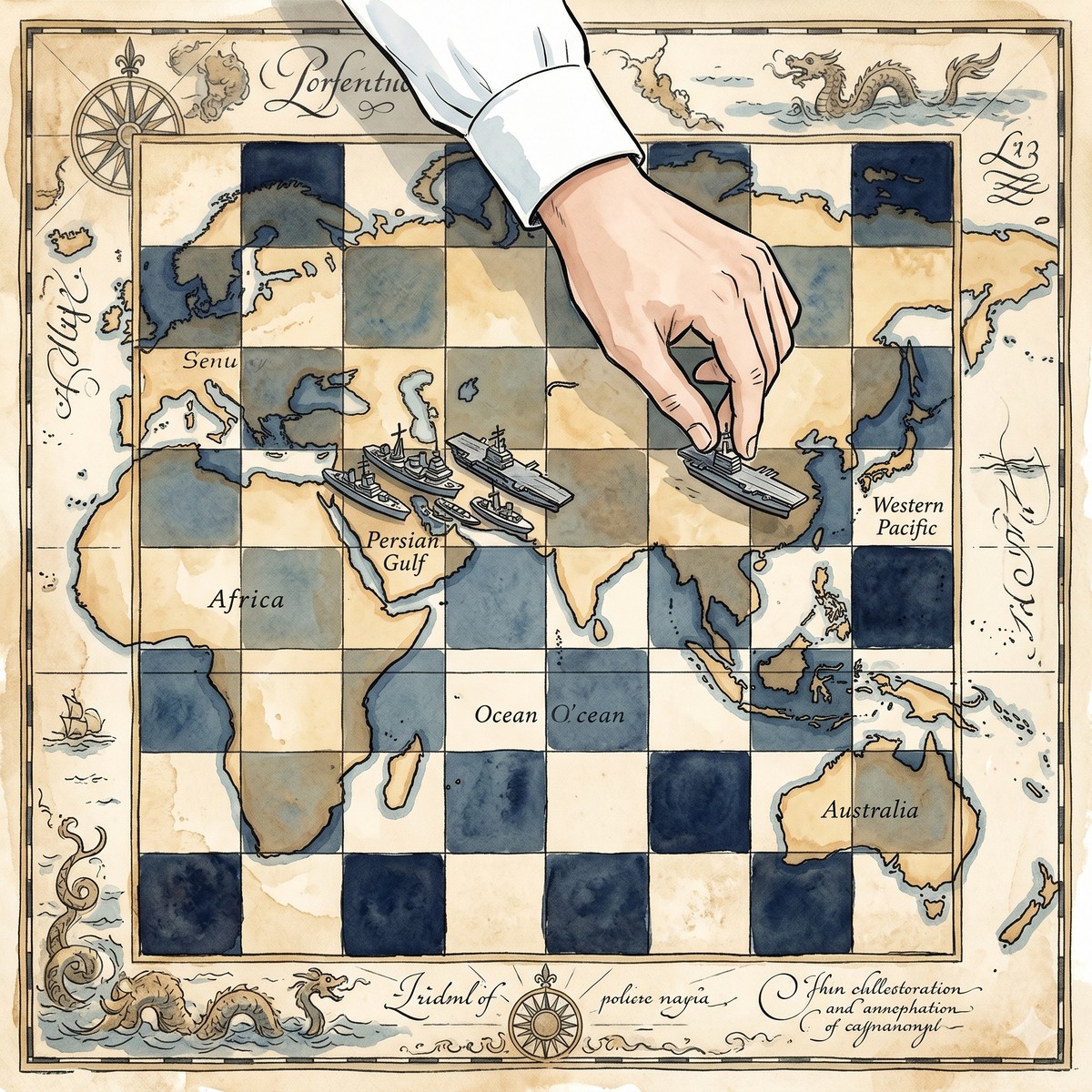 仿古世界地圖棋盤上，一隻自信的手正移動航空母艦棋子，Barry Blitt 諷刺插畫風格。