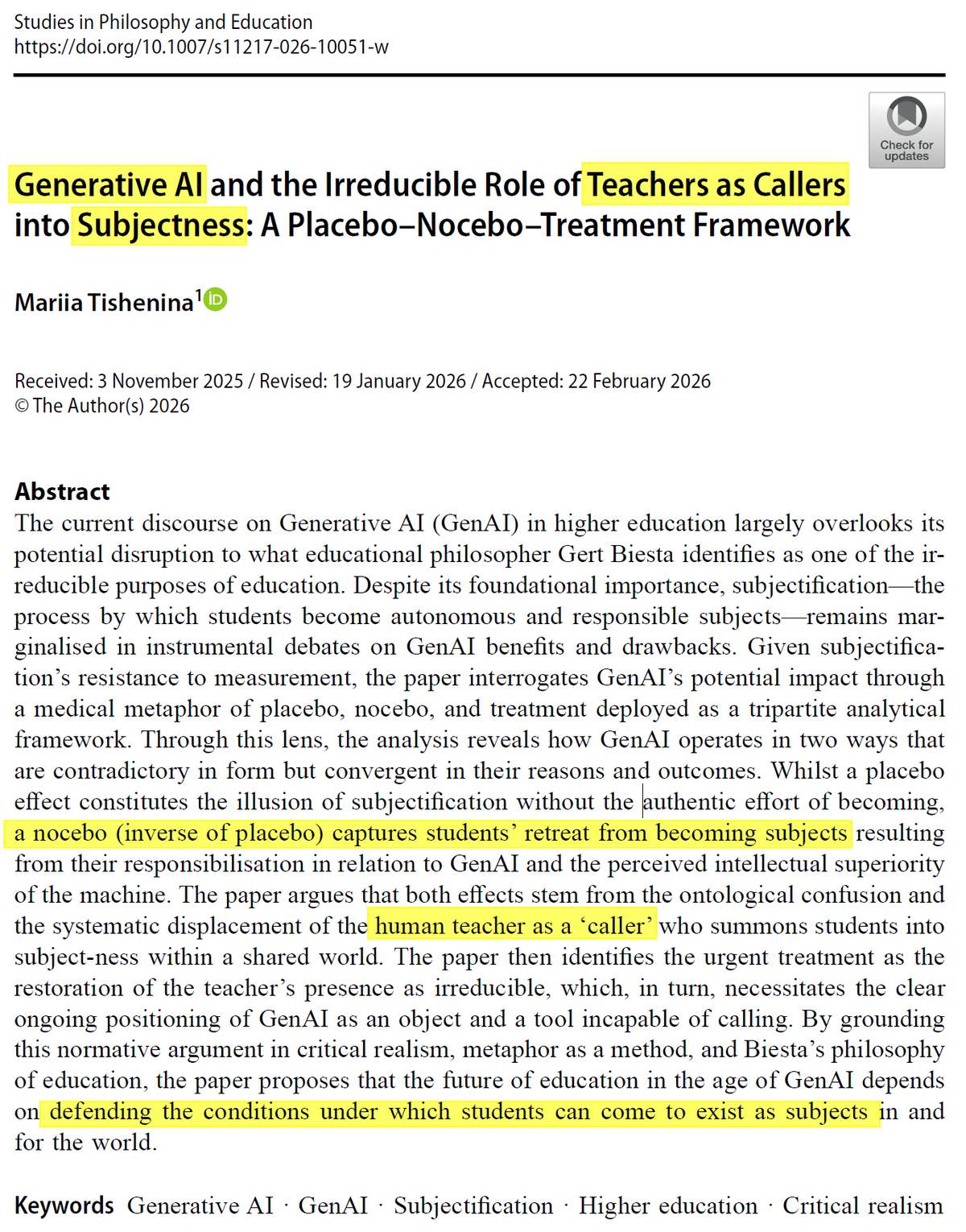 論文《Generative AI and the Irreducible Role of Teachers as Callers into Subjectness》首頁截圖，摘要重點已標註