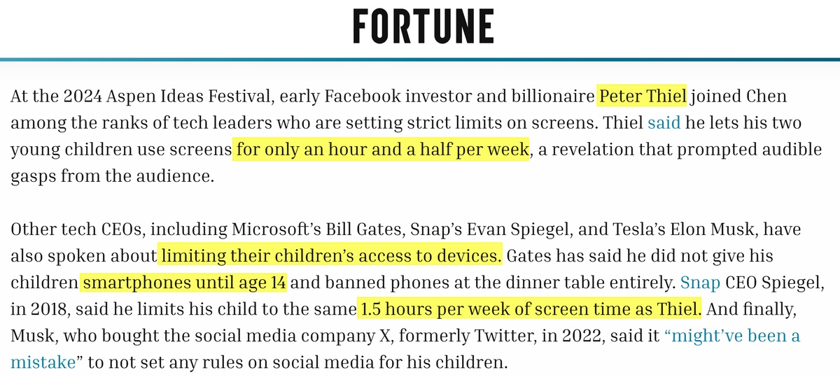 Fortune 報導截圖：矽谷科技大老闆限制孩子螢幕時間的具體數字與說法