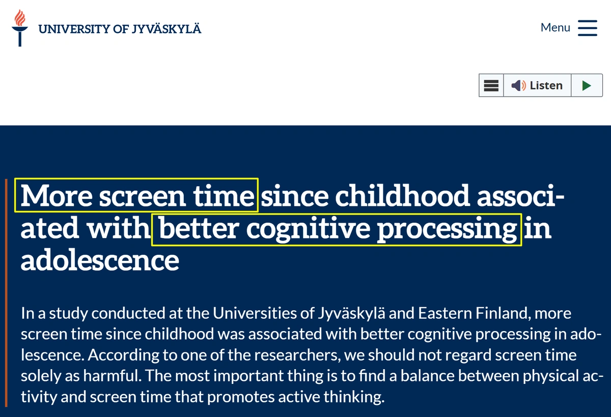 University of Jyväskylä 新聞稿截圖，標題為 More screen time since childhood associated with better cognitive processing in adolescence，其中 More screen time 與 better cognitive processing 兩處以螢光筆框起