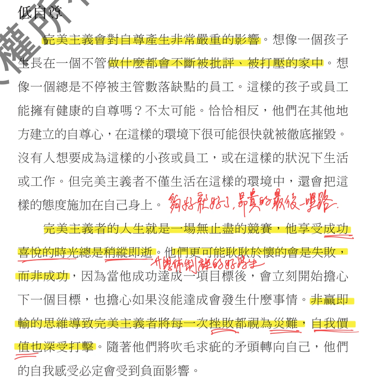《允許不完美的勇氣》內頁截圖：完美主義會對自尊產生非常嚴重的影響，孩子生長在不管做什麼都會不斷被批評、被打壓的家中；紅筆註記「夠好就好了，昂貴的最後一哩路」與「升學體制訓練的好學生」