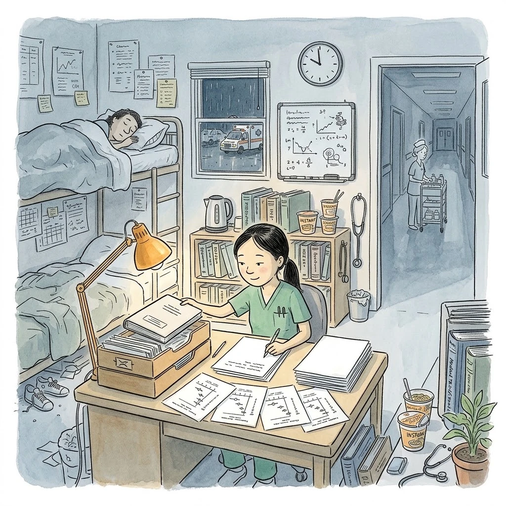 水彩插畫：深夜的值班室裡，一位穿刷手服的年輕醫師坐在檯燈下，左手把剛完成的稿子放進出件盒，右手已經在新的一疊白紙上寫下第一行；桌上攤著五張畫了森林圖的論文，上鋪的同事睡著，門外走廊有護理師推車經過。（AI 生成）