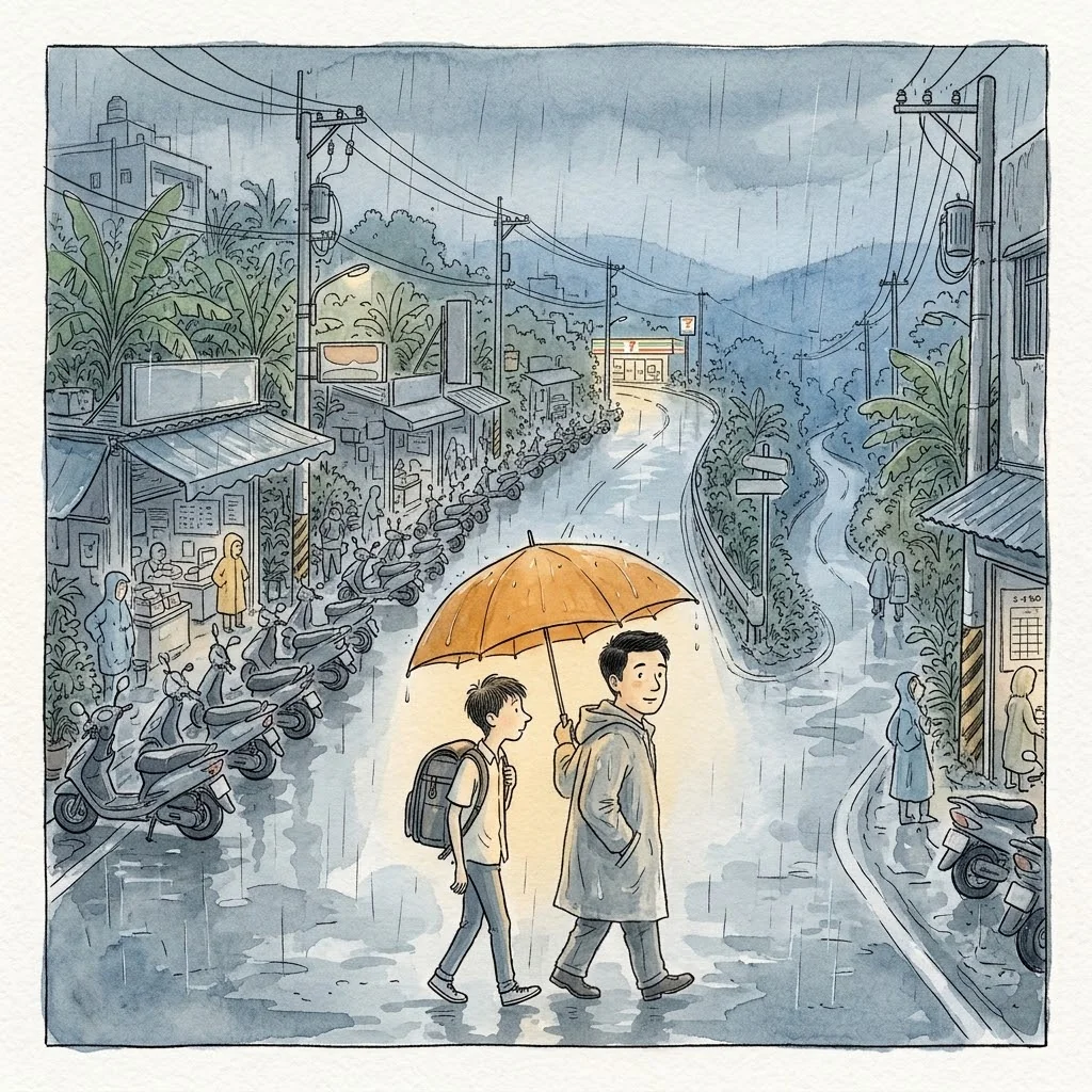 水彩插畫：雨中的黃昏山路上，爸爸替孩子撐著一把琥珀色的傘，前方的路分成兩條，消失在藍色的霧裡（AI 生成）