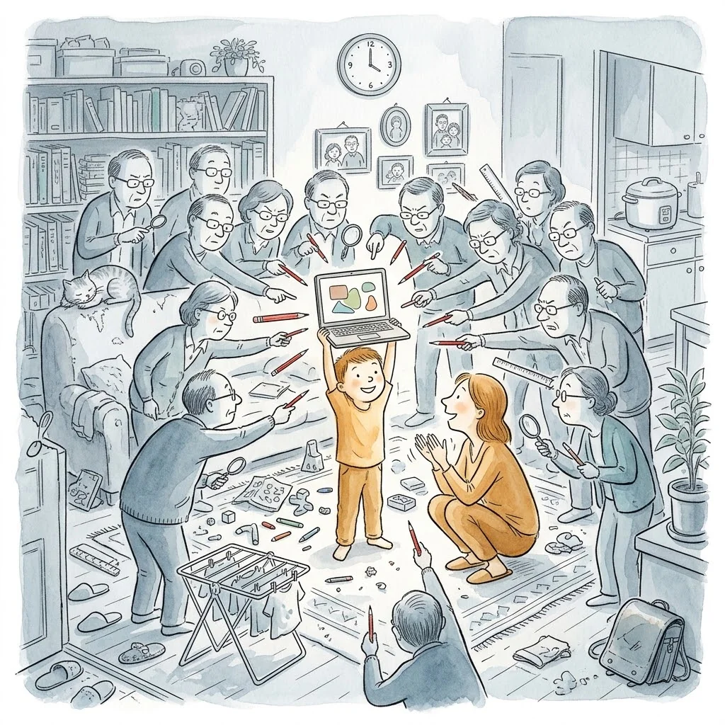 水彩插畫：孩子高舉筆電給大人看他做的東西，四周一圈灰藍色的大人各自拿著紅筆、放大鏡、尺湊上來要挑毛病，只有一位大人蹲在他面前鼓掌。（AI 生成）